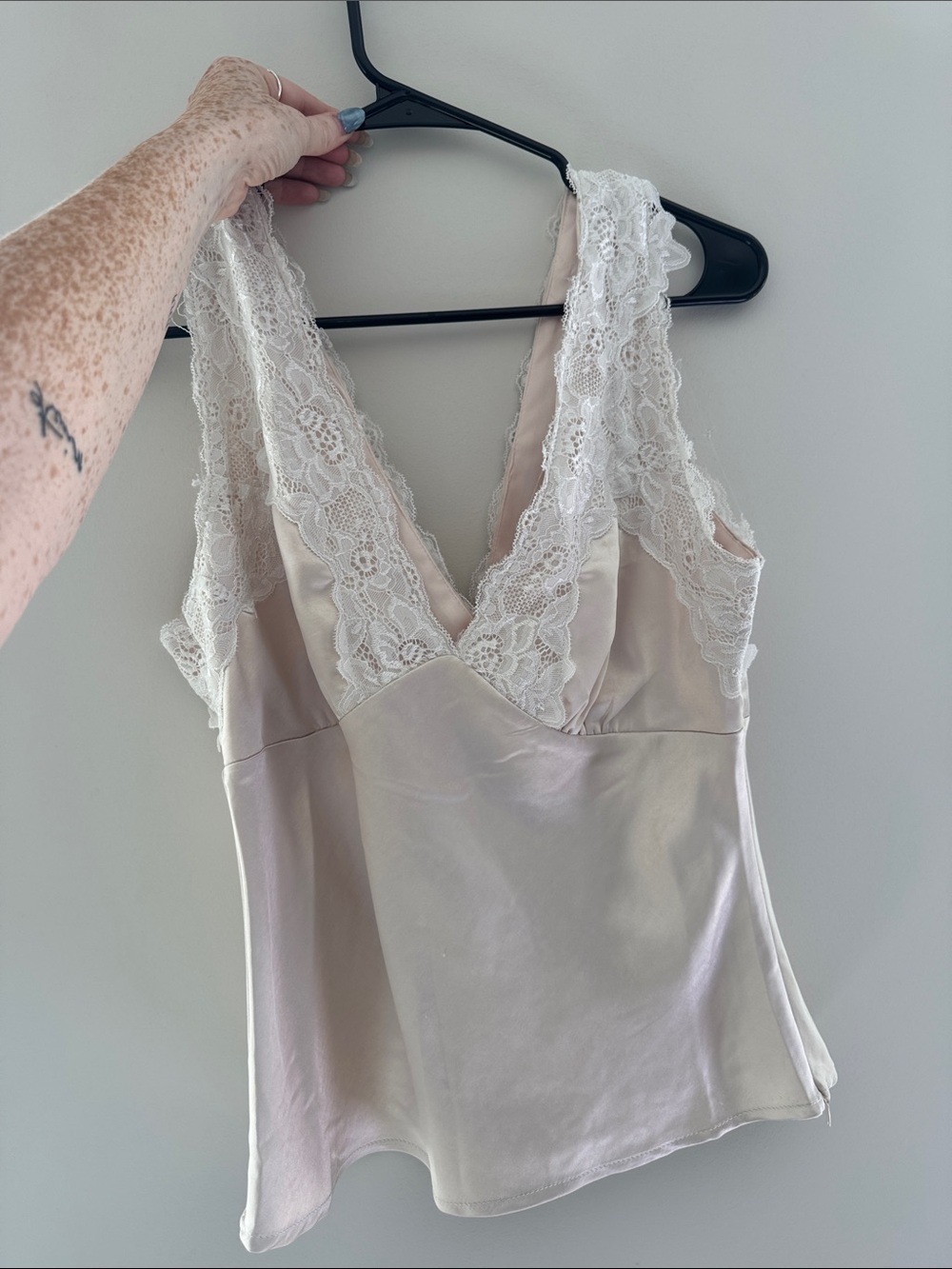 Lulu's Lace-Trim Satin Tank in Light Cream